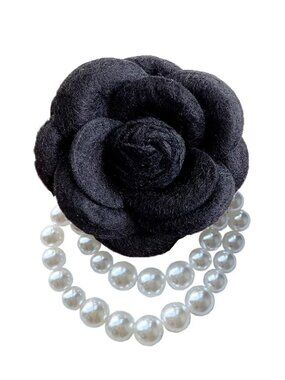 Elegant black wool Camellia Flower Brooch Pin with Pearl Tassel Corsage. New
